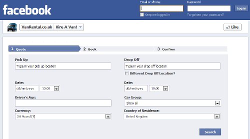 Facebook van hire app from vanrental.co.uk - screenshot