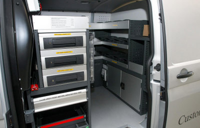 Racking and tool storage inside the Transporter roadside assistance conversion