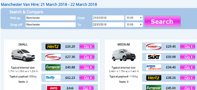 Van hire price comparison results on vanrental.co.uk
